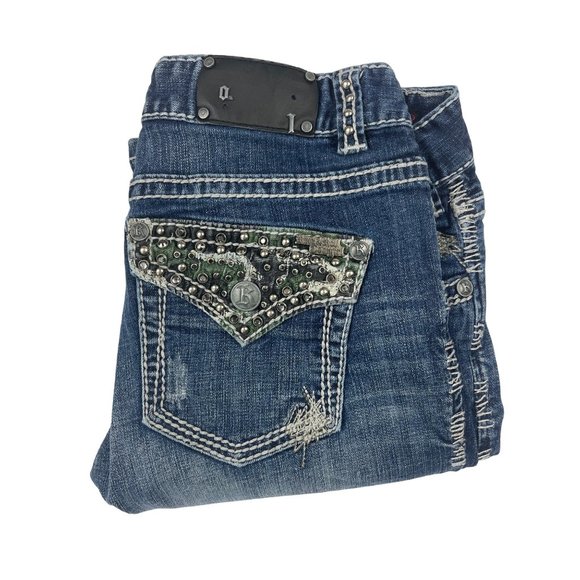 Rock & Roll Cowgirl Denim - Rock and Roll Cowgirl Bootcut Jeans Womens 30 Blue Contrast Stitching Bling Camo